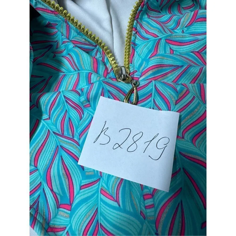 Tulle Girls Surf’s Up Swimsuit Front Zip Turquoise Pink Leaf Print Rare Size 6